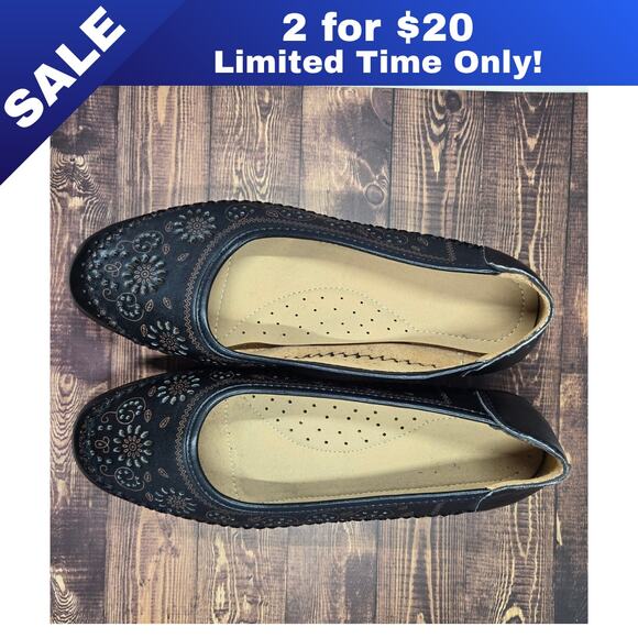 Unknown Shoes - [Sale: 2 for $20!] Black Leather Laser Cut Perforated Ballet Flats Size 9